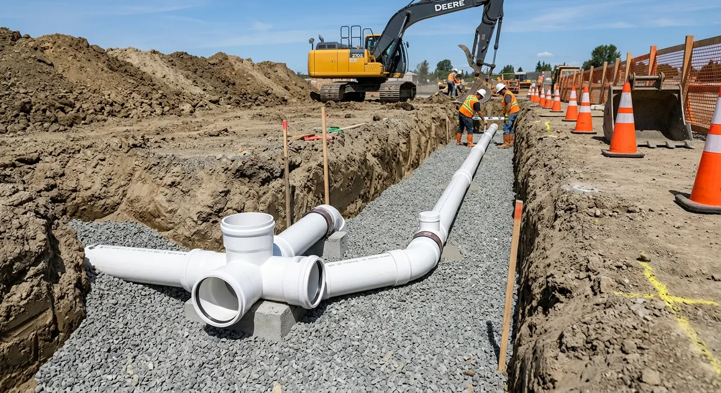New PVC sewer pipe installation in open trench for Commercial Drain Cleaning in Milledgeville