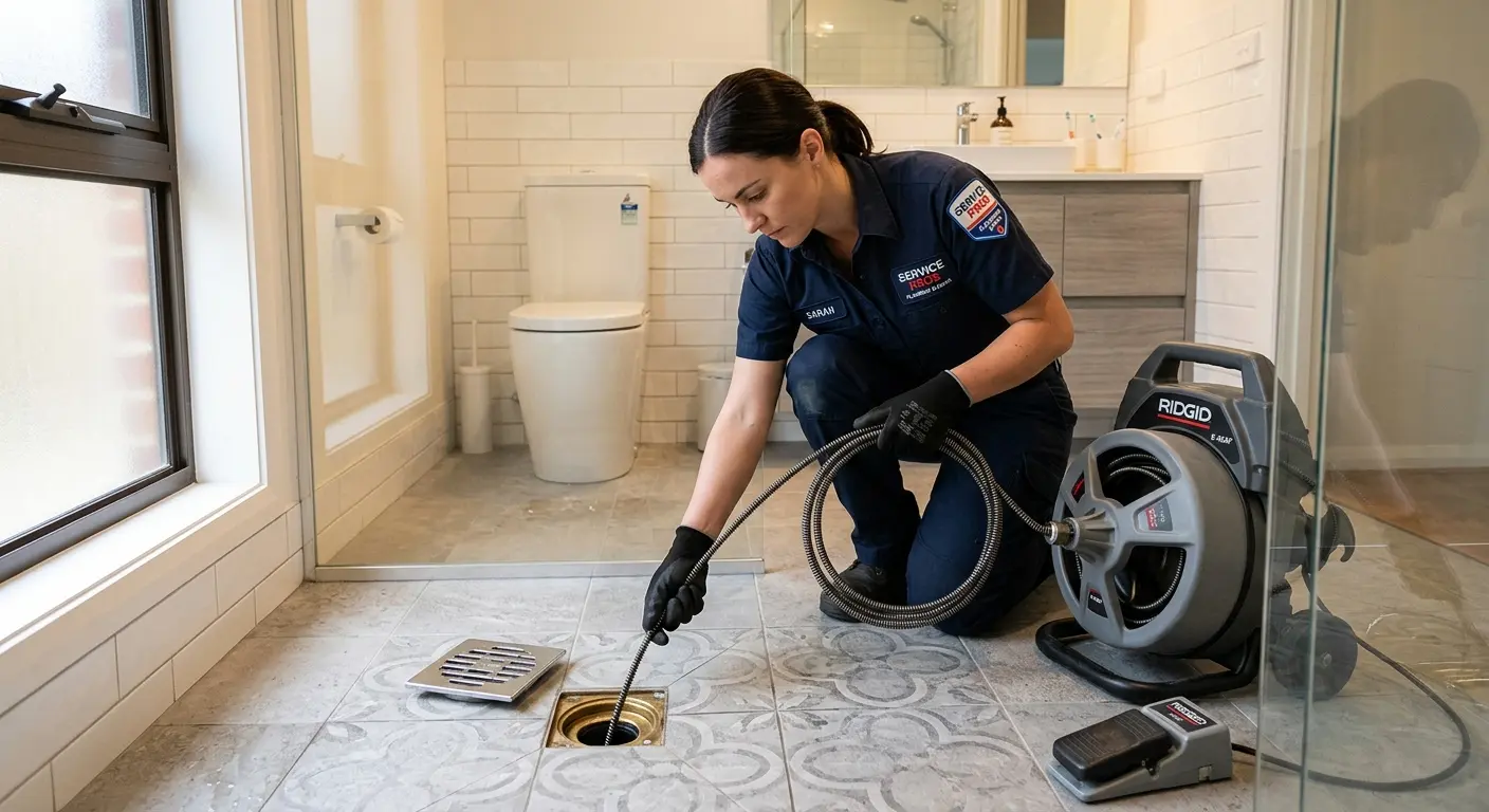 Technician clearing a bathroom floor drain for Drain Cleaning in Milledgeville